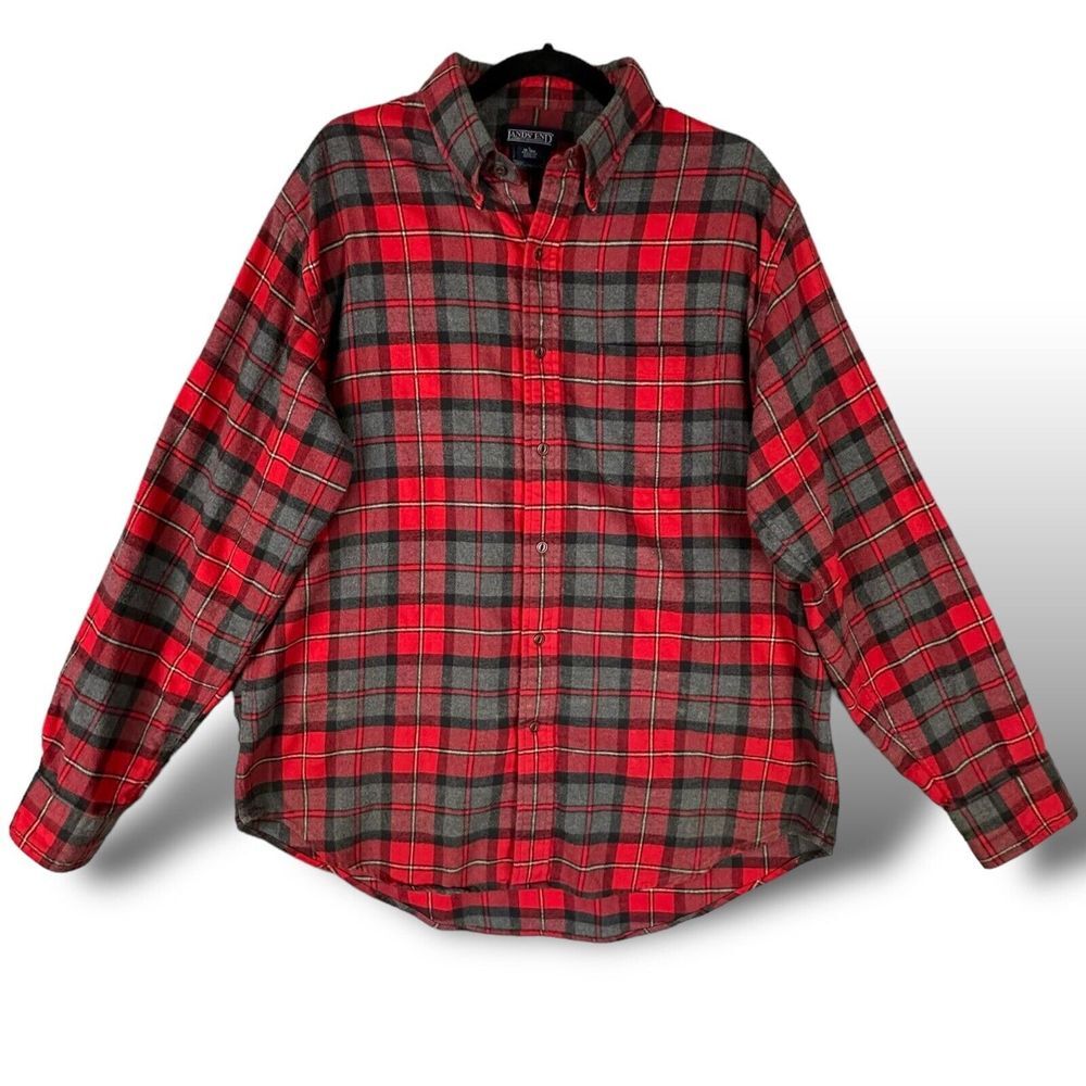 Lands End Men's Flannel Shirt Size Large Gray Red Plaid Cotton Button Down Shirt